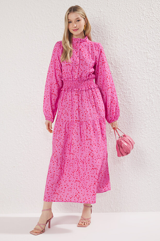 Fuchsia Floral Patterned Gimped Woven Dress Tctss25Eb00087