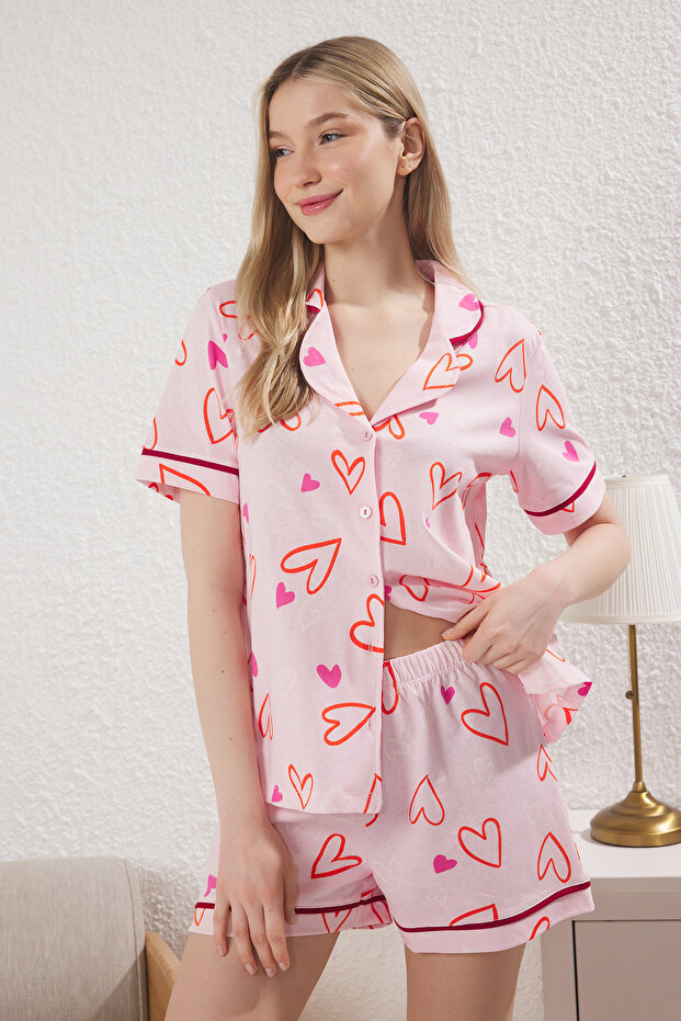 Pembe %100 Pamuklu Kalpli Biyeli Şortlu Örme Pijama Takımı THMSS25PT00344 - 2