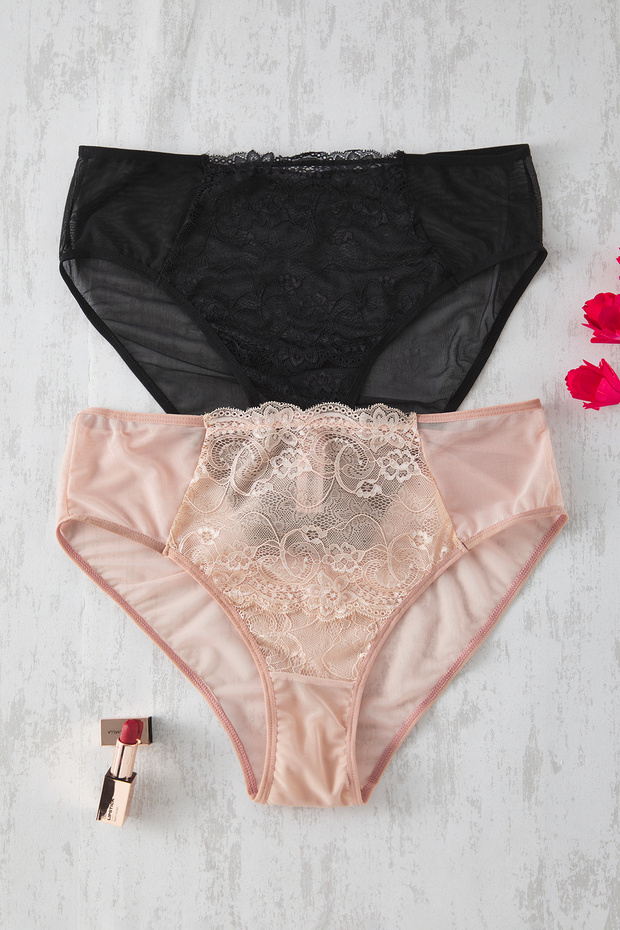 Siyah-Ten 2'li Paket Micro Dantel Detaylı Örme Hipster Büyük Beden Külot TBBSS25CM00004 - 2
