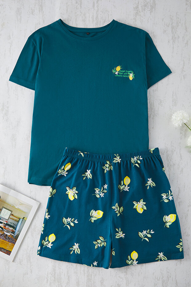 Yeşil Limon Desenli Örme Pijama Takımı TBBSS25AI00103 - 2