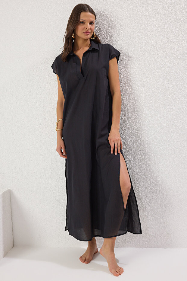 Siyah Dokuma %100 Pamuk Plaj Midi Elbise TBESS25EL00106 - 3