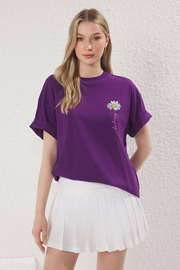 Mor %100 Pamuk Oversize/Geniş Kalıp Baskılı Örme T-Shirt TWOSS25TS00147 - 1
