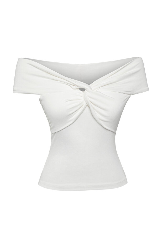 Ekru Carmen Yaka Düğüm Detaylı Fitted/Vücuda Oturan Örme Bluz TWOSS25BZ00369 - 5