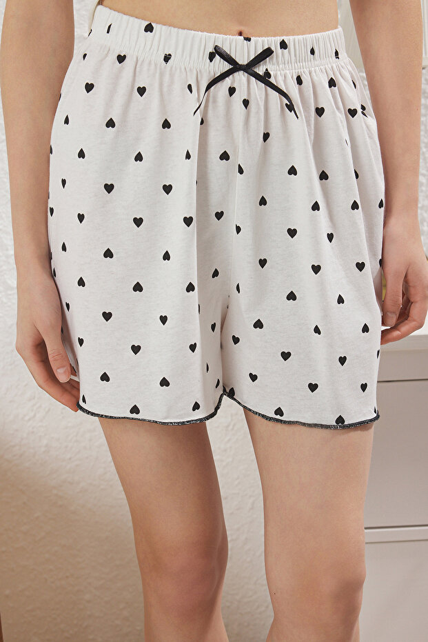 Beyaz %100 Pamuklu Kalpli Fırfırlı ve Kurdele/Fiyonklu Şortlu Örme Pijama Takımı THMSS25PT00264 - 3