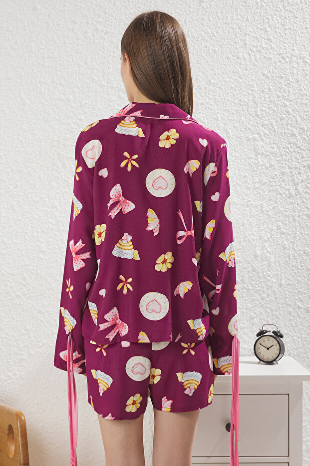 Mürdüm Bağlamalı/Kurdele/Fiyonklu ve Biyeli Viskon Şortlu Dokuma Pijama Takımı THMSS24PT00047 - 4
