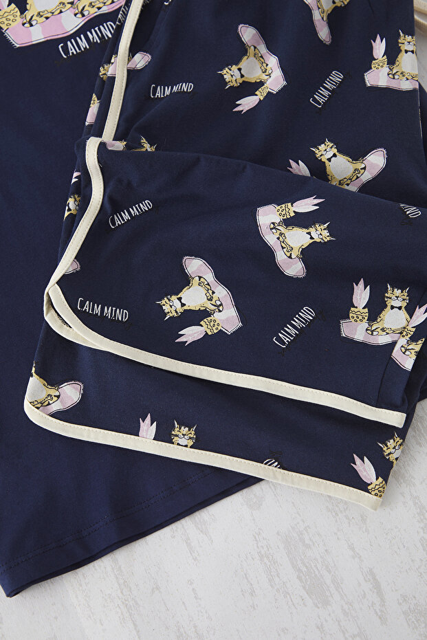 Unisex Lacivert Kedi Baskılı Çift/Couple %100 Pamuk Örme Erkek Pijama Takımı TMNSS25PT00052 - 4