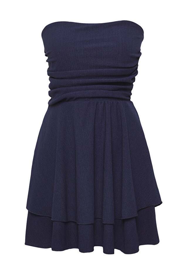 Lacivert Straplez Skater/Belden Açılan Fitilli Esnek Mini Örme Elbise TWOSS25EL00667 - 5