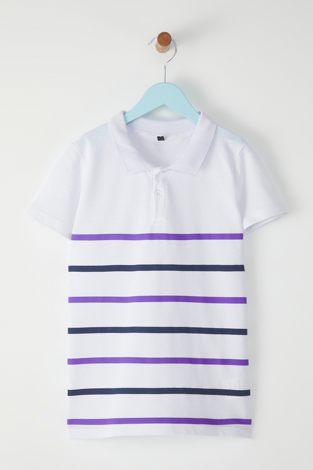 Beyaz Erkek Çocuk %100 Pamuk Çizgili Regular Kalıp Polo Yaka Örme T-Shirt TKDSS25TS00079 - 2