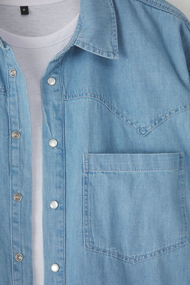 Mavi Geniş Fit Kısa Kol Western Denim Kot Gömlek TMNSS25GO00046 - 6