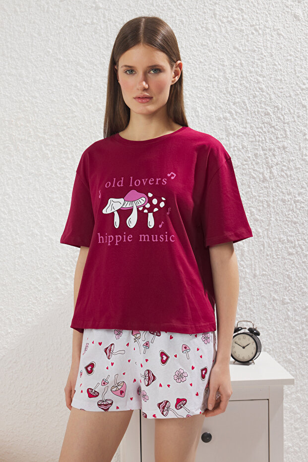 Bordo %100 Pamuklu Eğlence Desenli Şortlu Örme Pijama Takımı THMSS25PT00393 - 2