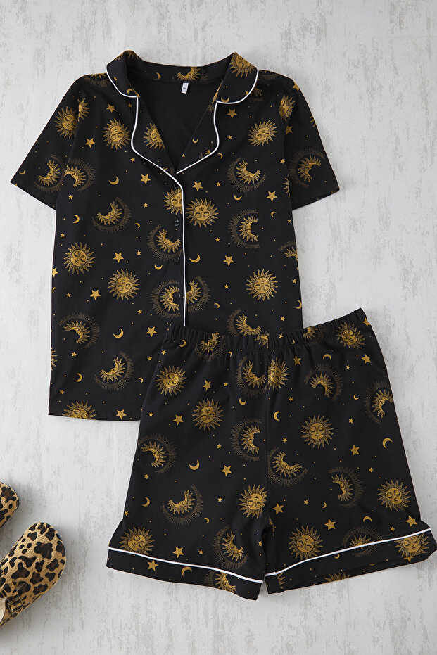 Siyah Galaksi Desenli Biyeli Gömlek Yaka Örme Pijama Takımı TBBSS25AI00086 - 1