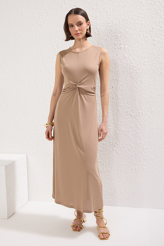 Vizon Düz Büzgü / Drape Maxi More Sustainable Modal Burgu Detaylı Esnek Örme Elbise TWOSS25EL00385 - 2