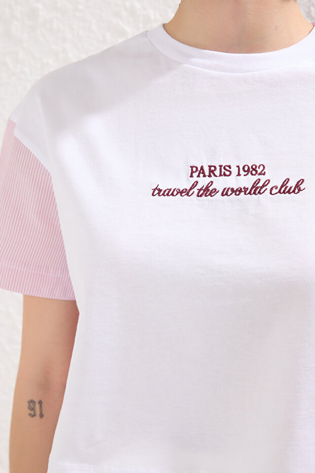 Pembe Kalın Pamuklu Relaxed/Rahat Kalıp Crop Dokuma Garnili Örme T-Shirt TWOSS25TS00054 - 3