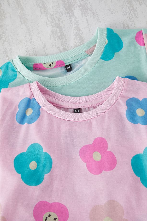 Pembe-Mint 4'lü Kız Çocuk Çiçek Desenli Kısa Kol T-Shirt-Şort Pijama Takımı TKDSS25PT00020 - 6