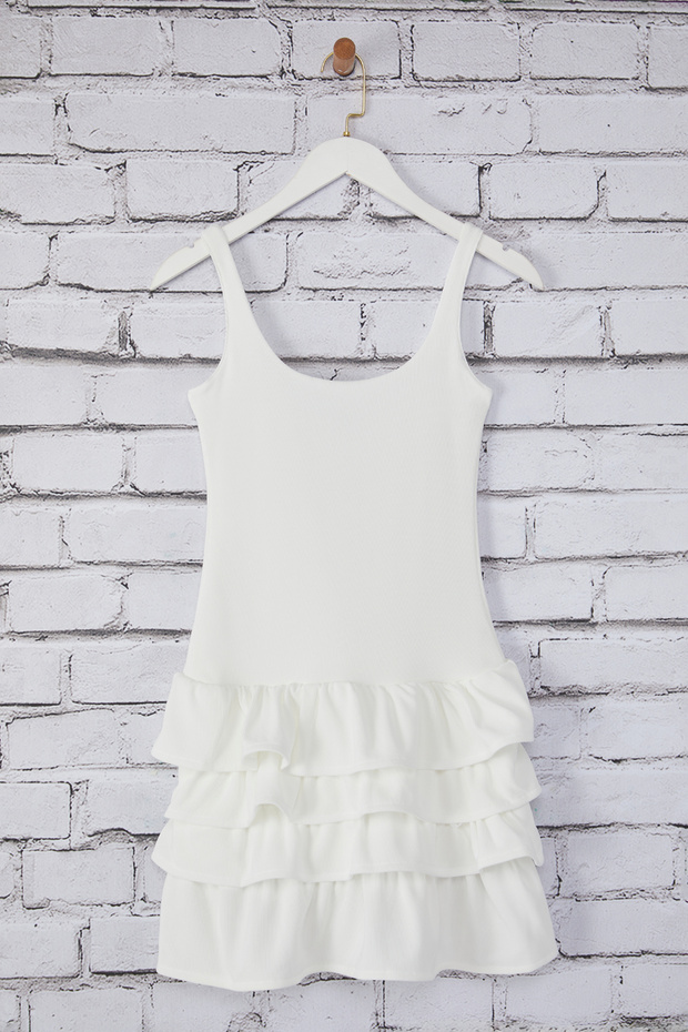 Beyaz Düz Fırfırlı Kısa / Mini Esnek Örme Elbise TWOSS25EL00388 - 5