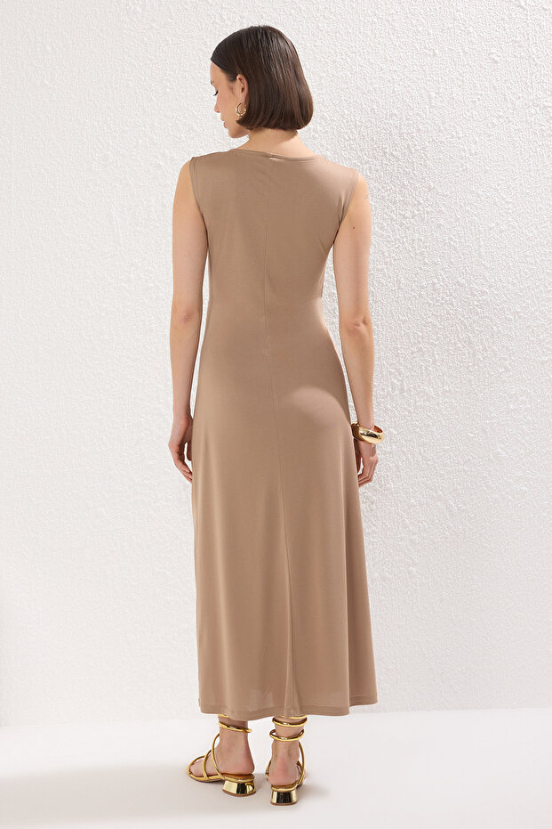 Vizon Düz Büzgü / Drape Maxi More Sustainable Modal Burgu Detaylı Esnek Örme Elbise TWOSS25EL00385 - 5