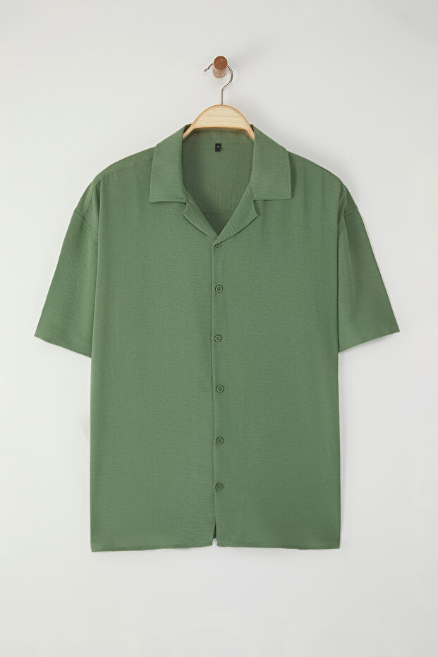 Haki Oversize Fit Yazlık Kısa Kollu Keten Görünümlü Gömlek TMNSS24GO00019 - 4
