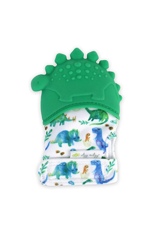 Silicone Teething Mitt, Adjustable Strap, Crinkle Sound, Textured, 3+ Mos, Green Dino