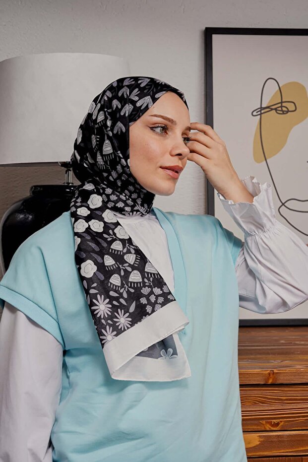 Flower Pattern Black Soft Cotton Shawl - 1