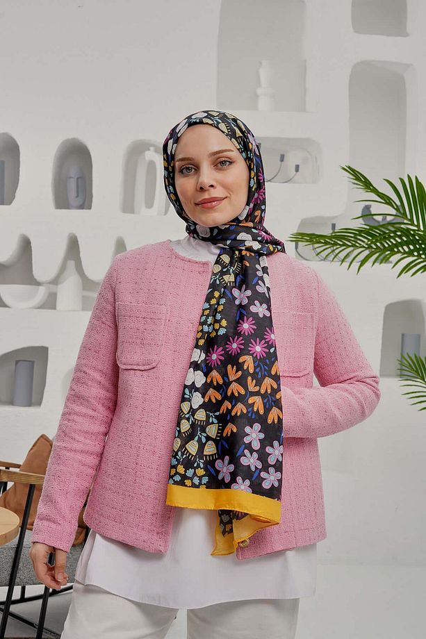 Çiçek Desen Sarı Soft Pamuk Şal - 1