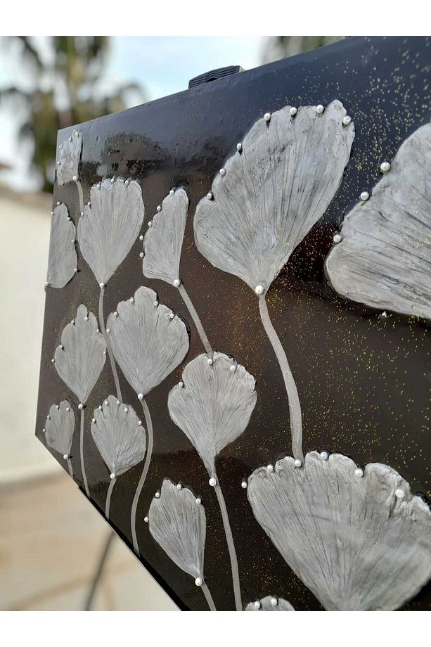 Lüks Duvar Dekoru: 60x80 cm Epoksi Kaplamalı Gümüş 3D Çiçek Tasarımı El Yapımı Tablo - 5