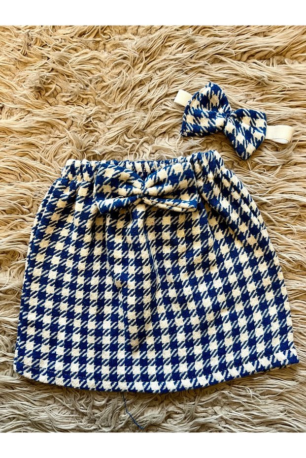 Bow Detailed Houndstooth Skirt and Bandana 2 Piece Set Girl Child Holiday