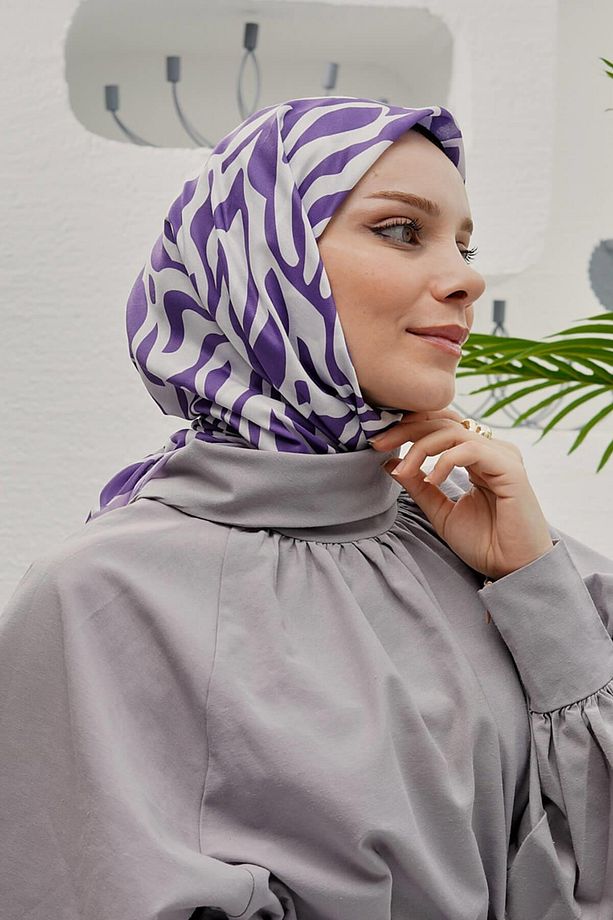 Yaprak Desen Mor Soft Pamuk Eşarp - 5