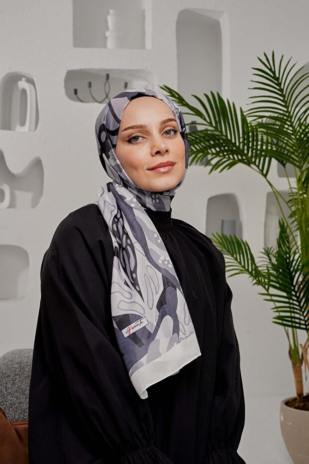 Gray Soft Cotton Tropical Leaf Patterned Shawl - 2