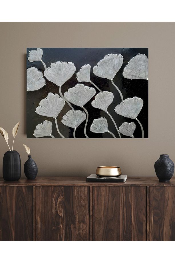 Lüks Duvar Dekoru: 60x80 cm Epoksi Kaplamalı Gümüş 3D Çiçek Tasarımı El Yapımı Tablo - 1