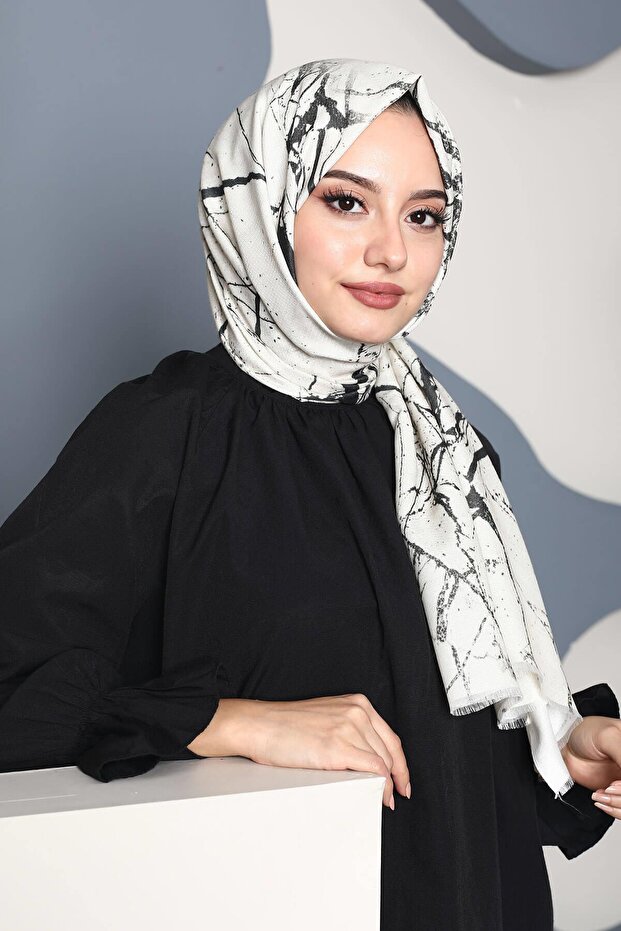 شال قطن أبيض - نمط رخامي - 1