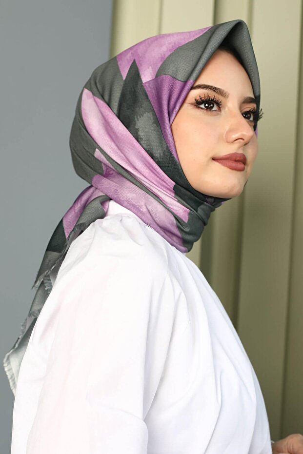 Triangle Pattern Purple Cotton Scarf - 1