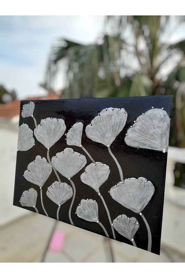Lüks Duvar Dekoru: 60x80 cm Epoksi Kaplamalı Gümüş 3D Çiçek Tasarımı El Yapımı Tablo - 4