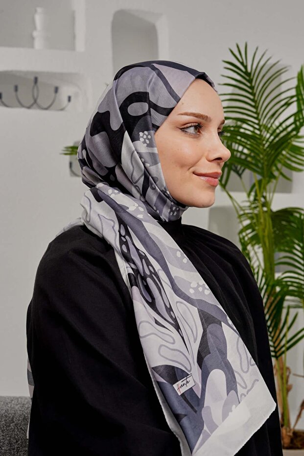 Gray Soft Cotton Tropical Leaf Patterned Shawl - 1