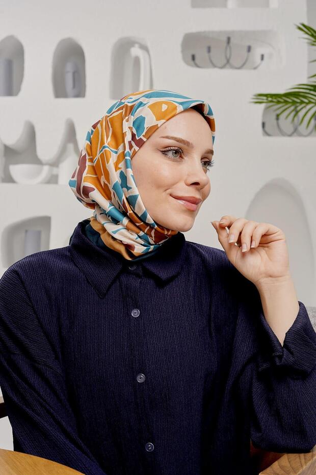 Yaprak Desen SArı Soft Pamuk Eşarp - 6