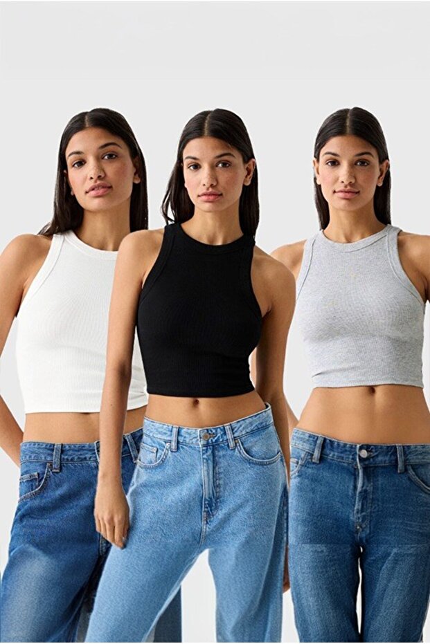 Halter Neck Crop Set - 3 Piece (White, Black, Gray)