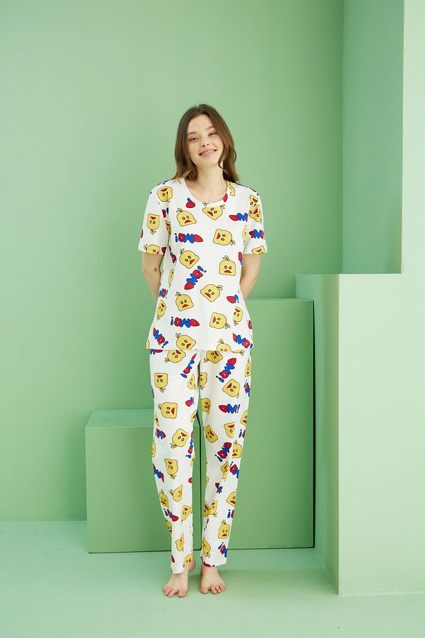 ekru desenli Pamuklu Bisiklet Yaka Örme Pijama Takım25107157 - 2