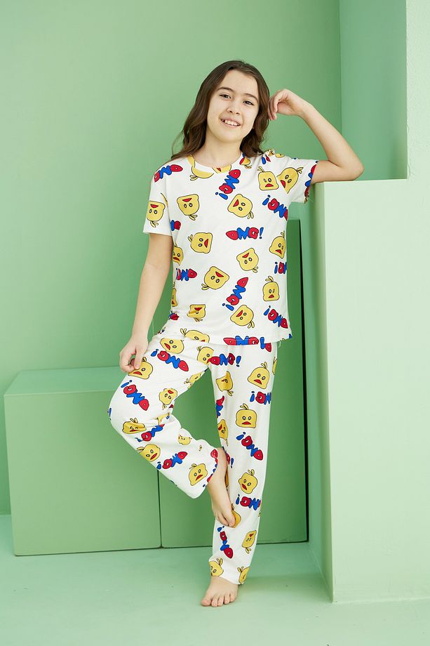 ekru desenli Pamuklu Bisiklet Yaka Örme Pijama Takım25107157 - 3