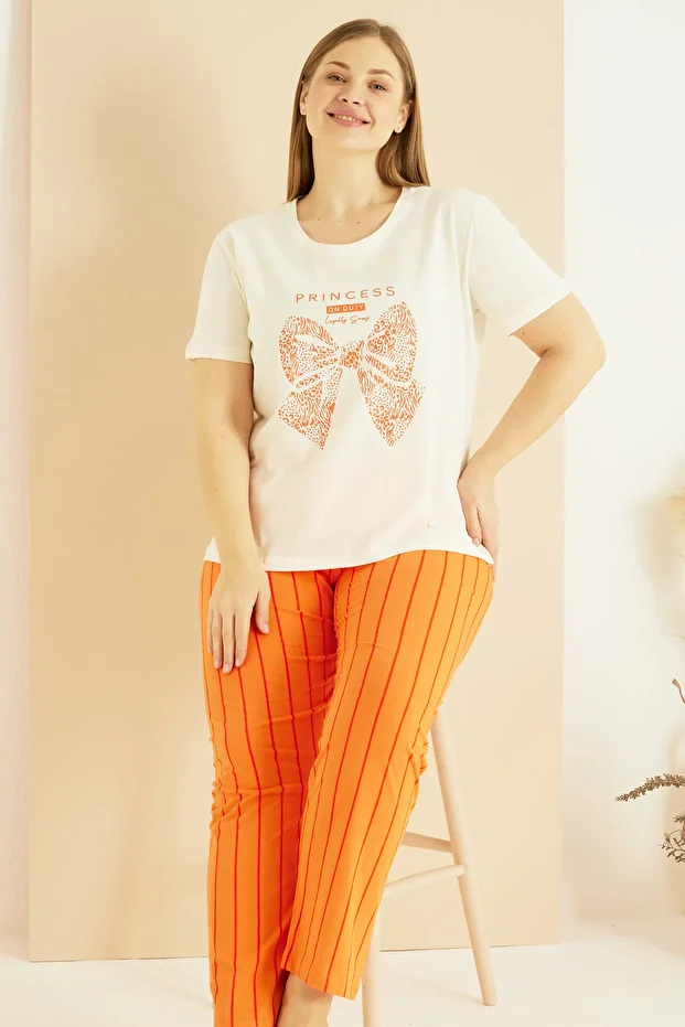 Set de pijamale supradimensionate din bumbac cu model ecru Curve 25103712 - 1