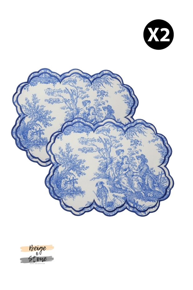 Blue White Vintage Embroidery Embroidered American Service Set of 2