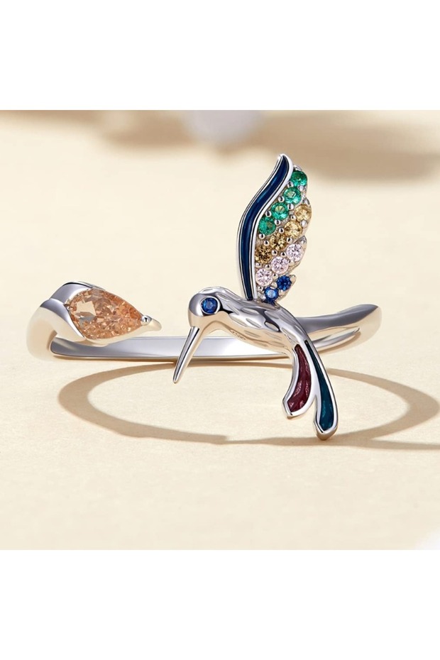 resizable zd1182-1 New Elegant Silver Color Hummingbird Opening Ring Colorful Zircon Adjustable Ring