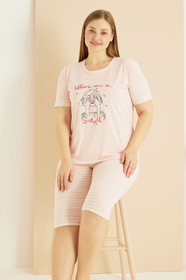 Pink and White Line Patterned Curve Plus Size Oversize Cotton Capri Suit 25102733