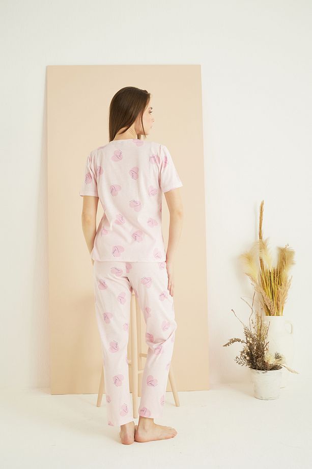 pembe desenli Pamuklu Bisiklet Yaka Örme Pijama Takım25107154 - 4