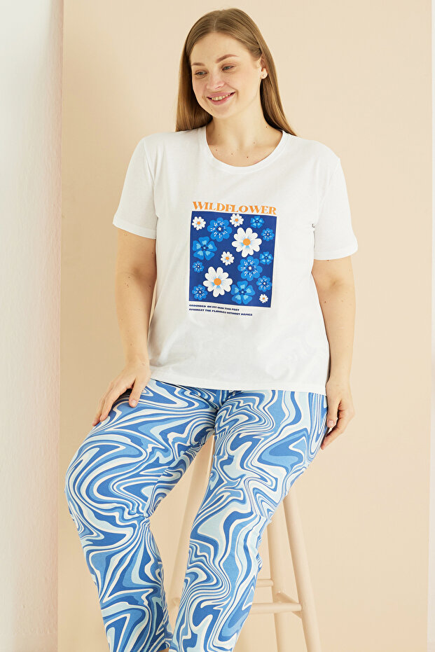 Ecru Patterned Curve Plus Size Oversize Cotton Pajama Set 25103761 - 1