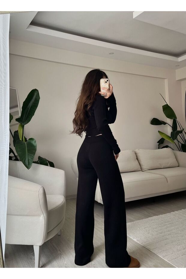 Yarım Balıkçı Örgü Crop Kazak Pantolon Triko Alt-Üst Takım - 2