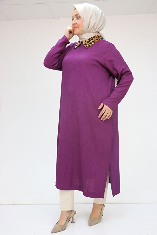 58012 Large Size Combination Men's Collared Wrap Tunic - Plum