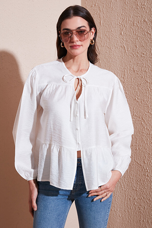 Oversize Fit Balloon Sleeve Tie Collar Detailed Shirt Shirt 6772618