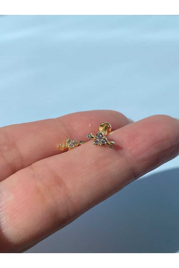 Çelik Piercing Tragus Helix Lob Kıkırdak  Kalp Ok Sarı Renk - 4