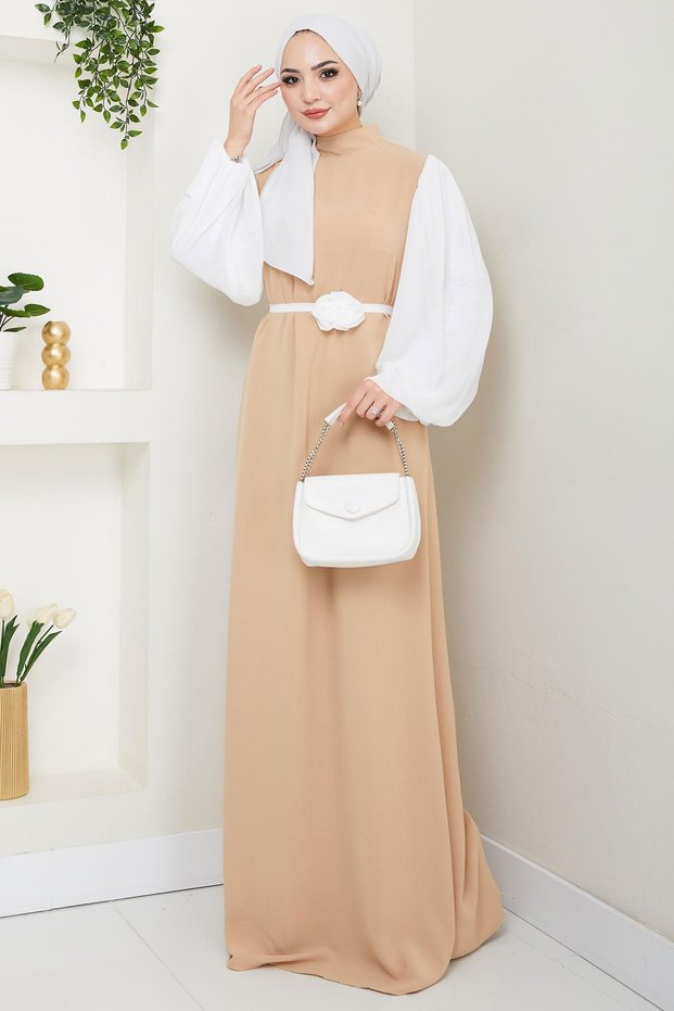 Rose Belt Sleeves Chiffon Evening Dress Beige Hm2666