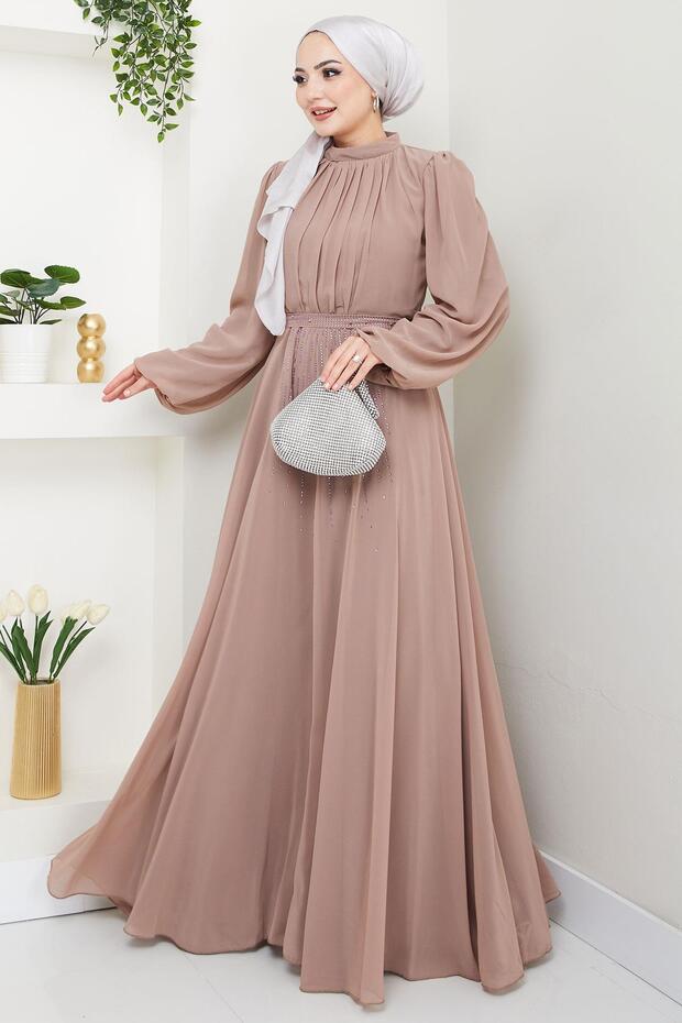 Kuşağı Taşlı Şifon Abiye Elbise Vizon HM2668 - 2