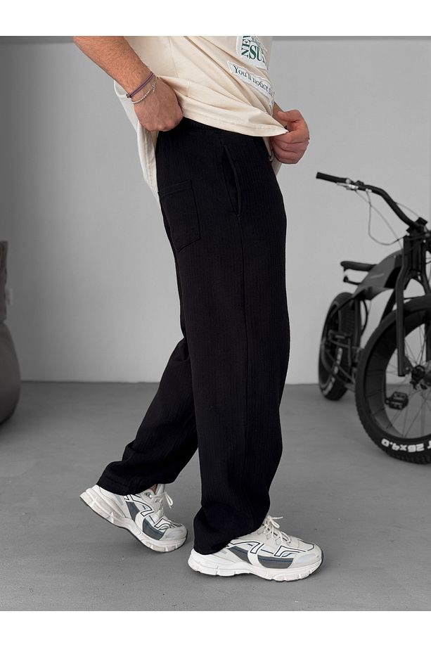 Siyah Örgü Kumaş Baggy Pantolon JJ-206 - 3